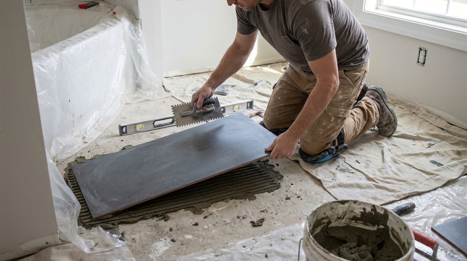 Carreleur posant un carrelage grand format lors de la rénovation d'une salle de bain