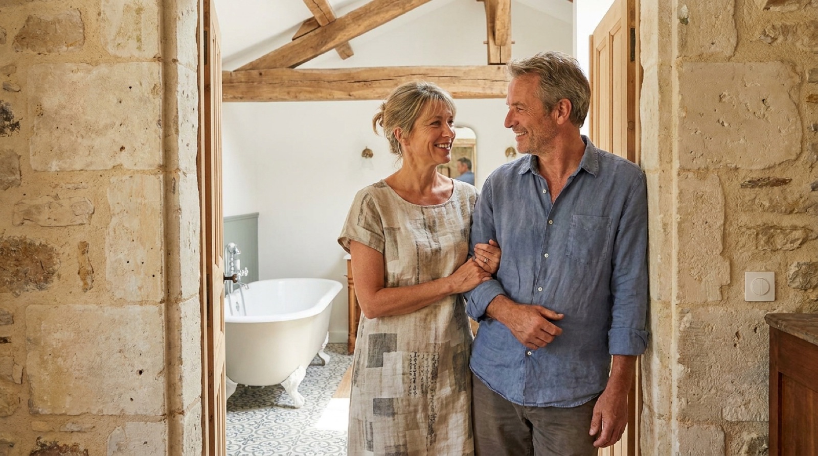 Couple souriant devant sa salle de bain rénovée dans une maison en pierre