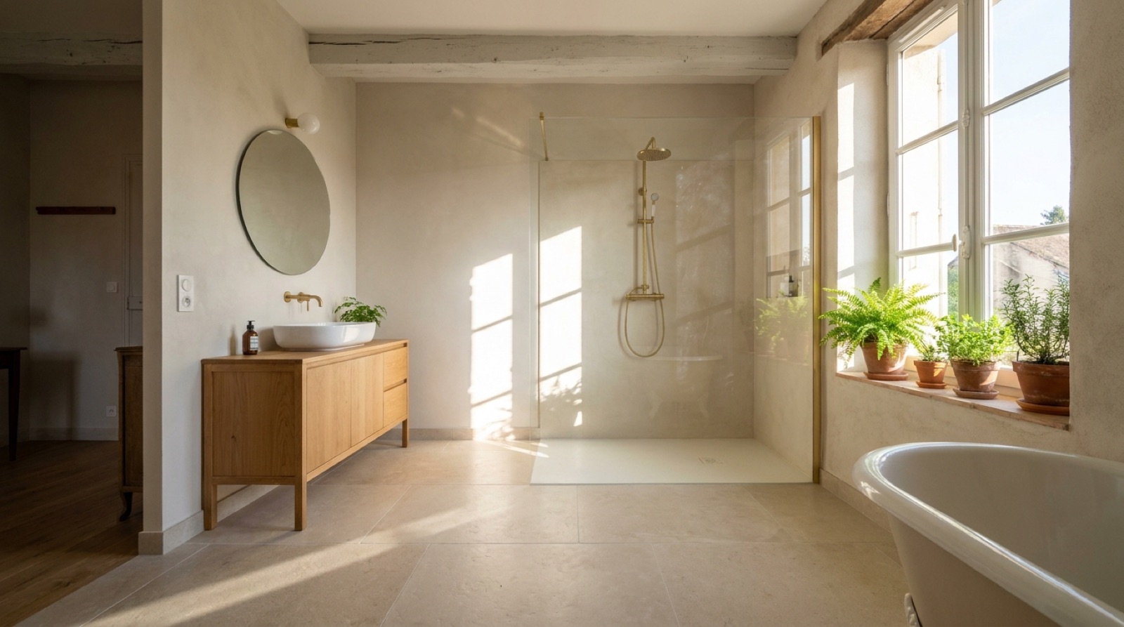 Salle de bain rénovée avec douche à l'italienne et meuble vasque en chêne, lumière du matin